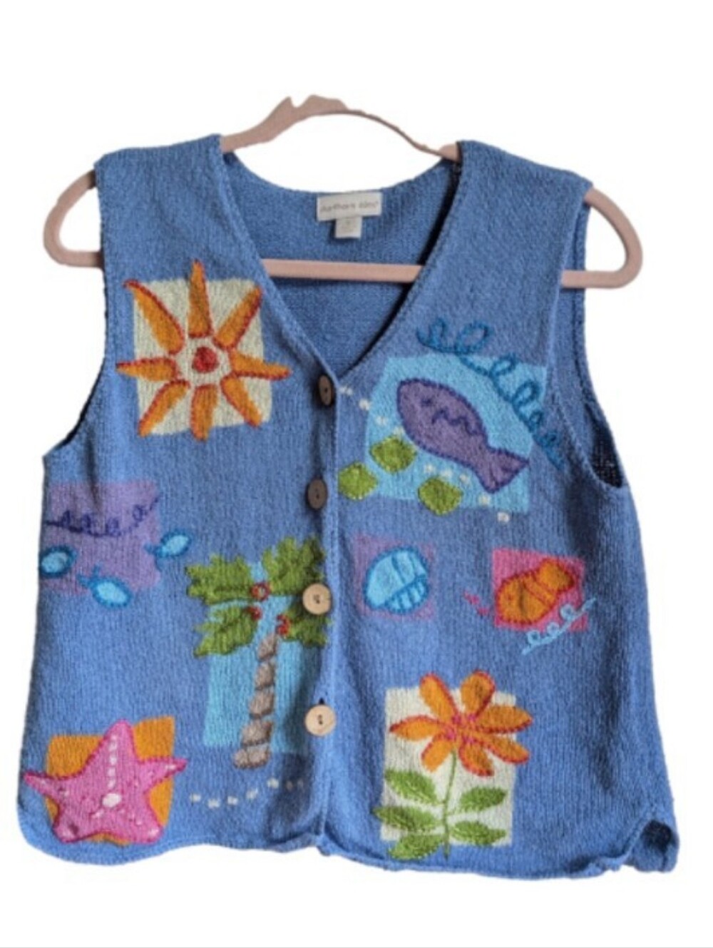 VINTAGE NORTHERN ISLES Blue Coastal Embroidered Palm & Seashell Vest Size Small